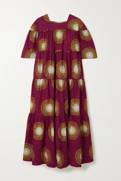 Tiered Printed Waxed-cotton Midi Dress - Burgundy