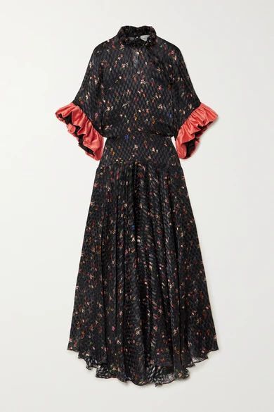 Tonica Ruffled Floral-print Devoré-satin Maxi-dress - Black