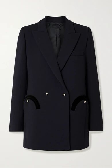 Resolute Everyday Double-breasted Velvet-trimmed Wool-crepe Blazer - Midnight blue