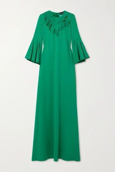 Appliquéd Tulle-paneled Silk-blend Crepe Gown - Forest green