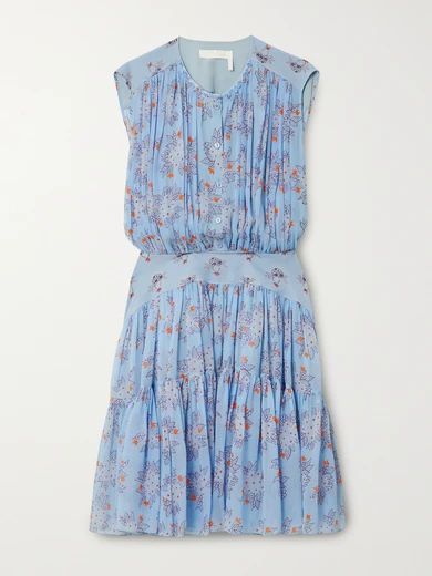 Tiered Gathered Floral-print Silk-georgette Mini Dress - Blue