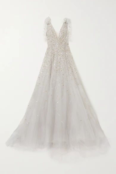 Tie-detailed Embellished Tulle Gown - Silver