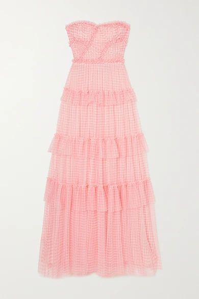 Caroline Strapless Ruffled Tiered Gingham Tulle Gown - Pink