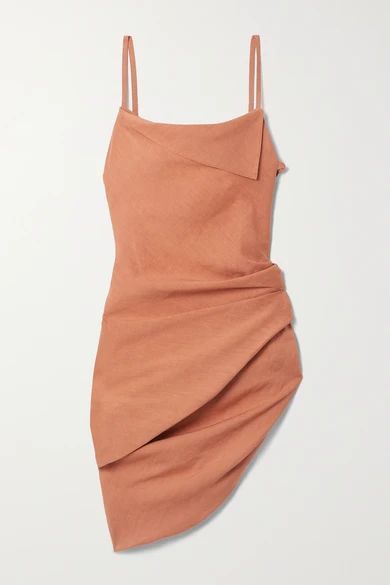 Saudade Asymmetric Draped Hemp-blend Mini Dress - Orange