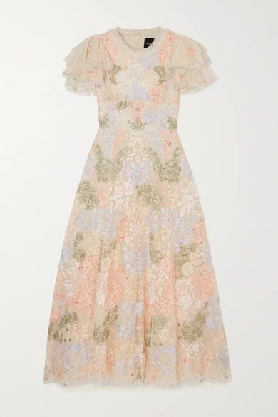Elin Blossom Sequin-embellished Embroidered Tulle Midi Dress - Pink