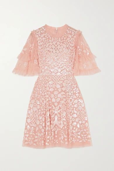 Aurelia Sequin-embellished Ruffled Tulle Mini Dress - Blush