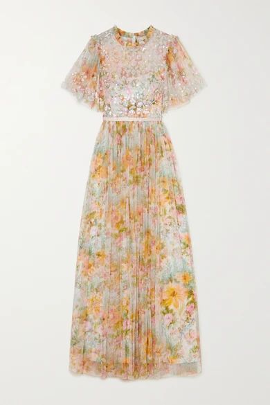 Sunset Sequin-embellished Floral-print Tulle Gown - Peach