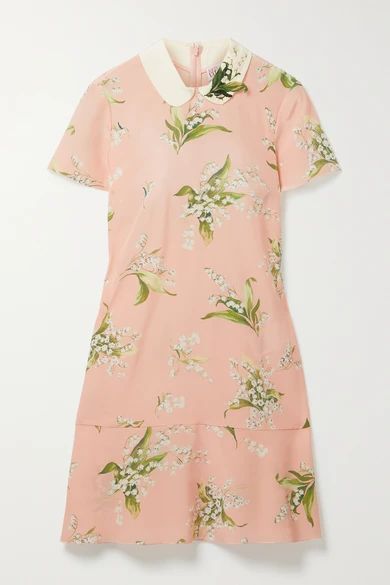 Embroidered Floral-print Silk Crepe De Chine Mini Dress - Baby pink
