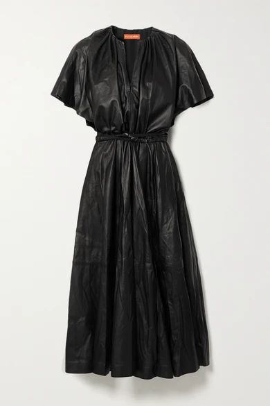 Romy Belted Gathered Leather Midi Dress - Black