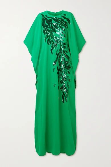 Draped Embellished Crepe De Chine Gown - Green