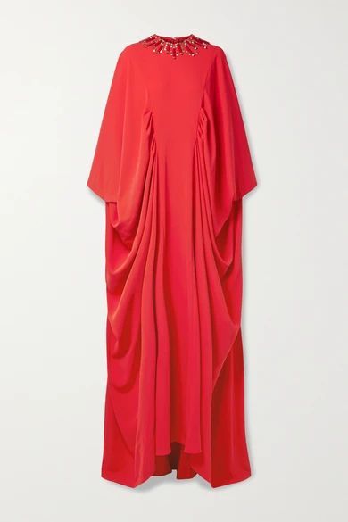 Draped Embellished Crepe De Chine Gown - Crimson