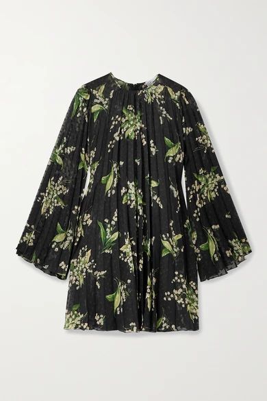 Pleated Floral-print Fil Coupé Chiffon Mini Dress - Black