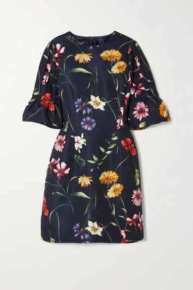 Pleated Floral-print Crepe Mini Dress - Navy
