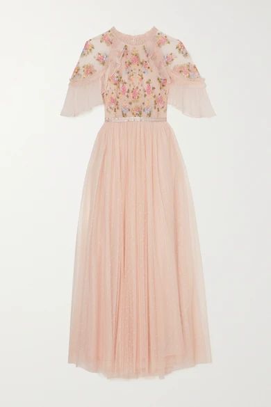 Emma Ruffled Embroidered Tulle Midi Dress - Pink