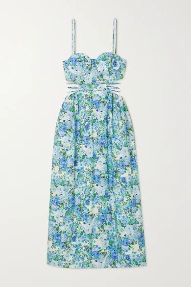 Cutout Floral-print Cotton, Linen And Silk-blend Midi Dress - Blue