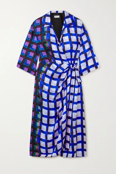 Printed Satin Midi Wrap Dress - Blue
