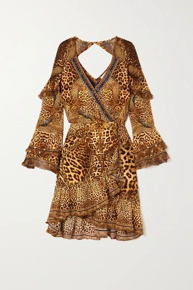 Lady Lodge Embellished Ruffled Leopard-print Silk Crepe De Chine Wrap Mini Dress - Leopard print