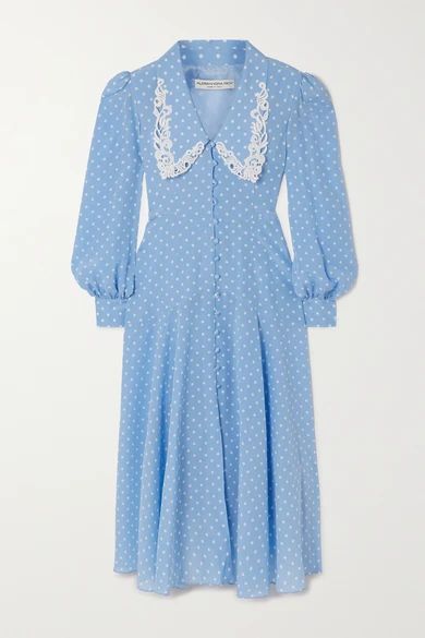 Macramé-trimmed Polka-dot Silk Crepe De Chine Midi Dress - Light blue