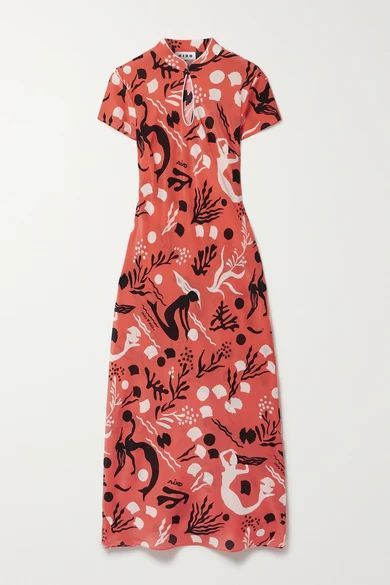 Pepper Cutout Printed Silk-crepe Midi Dress - Coral