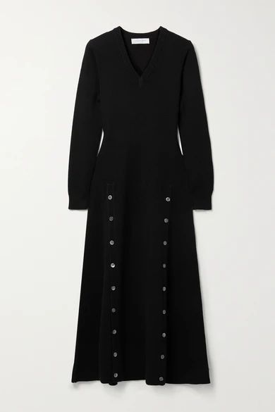 Button-detailed Cashmere-blend Midi Dress - Black