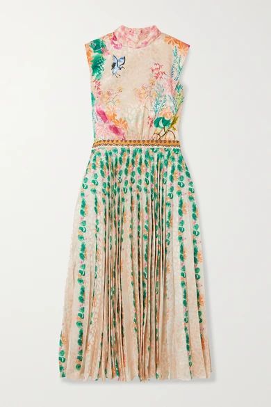 Fleur-e Pleated Printed Satin-jacquard Midi Dress - Green