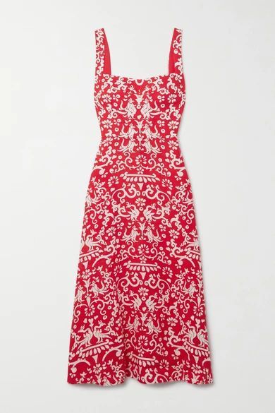 Rachel Printed Linen Midi Dress - Red