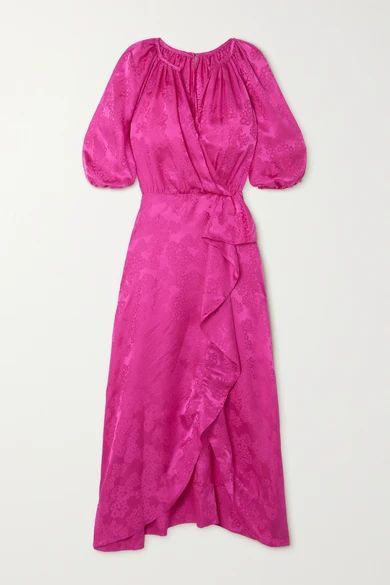 Olivia Ruffled Silk-satin Jacquard Midi Dress - Pink