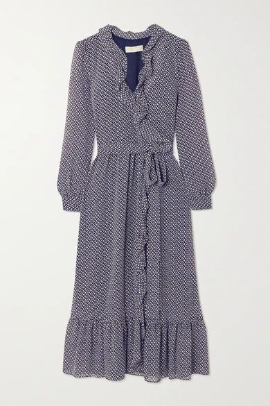 Ruffled Floral-print Georgette Wrap Dress - Navy