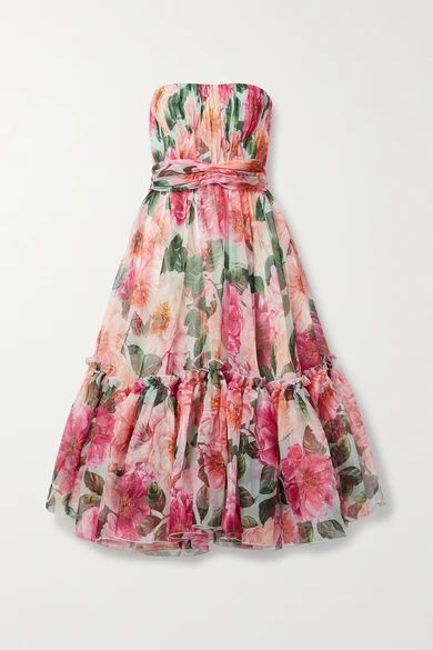 Strapless Ruffled Gathered Floral-print Silk-organza Midi Dress - Pink