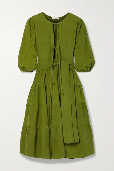+ Net Sustain Medina Belted Tiered Linen Midi Dress - Army green