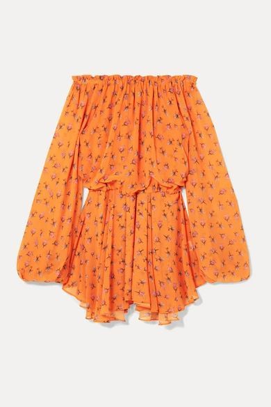 Off-the-shoulder Floral-print Chiffon Mini Dress - Orange