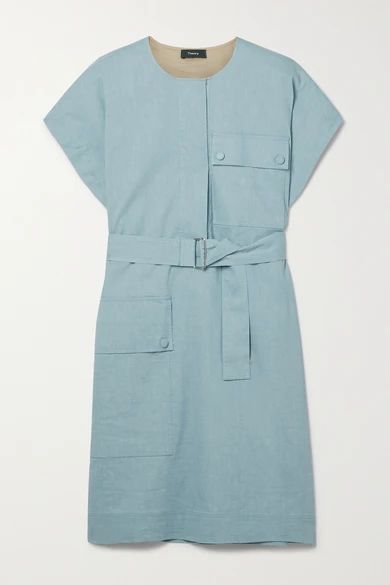 Belted Linen-blend Mini Dress - Blue