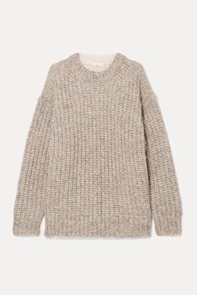 Oversized Ribbed Two-tone Knitted Sweater - Beige