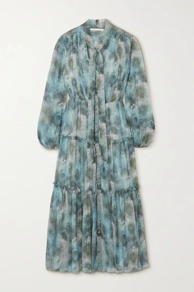 Pussy-bow Tiered Floral-print Silk-chiffon Midi Dress - Light blue