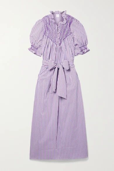 Elena Smocked Belted Striped Cotton-blend Poplin Midi Dress - Purple