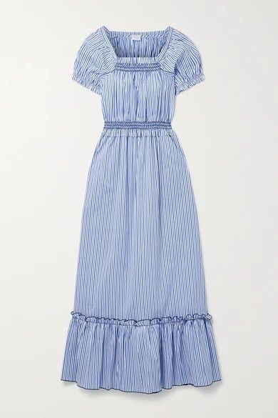 Stefania Ruffled Tiered Striped Cotton-blend Poplin Dress - Blue