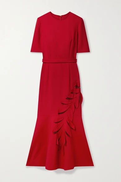 Belted Appliquéd Tulle-paneled Wool-blend Crepe Midi Dress - Red