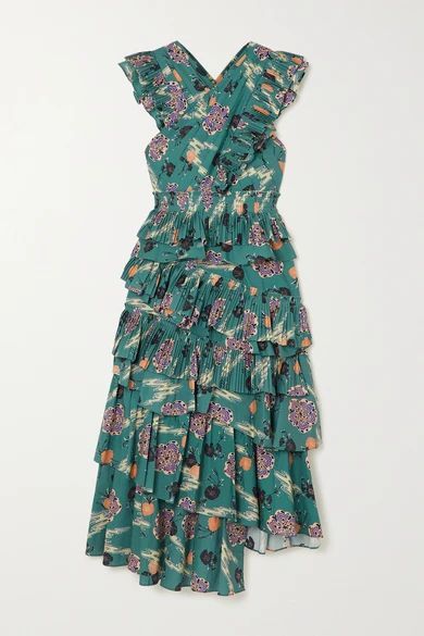 Aurore Tiered Floral-print Cotton-poplin Dress - Teal