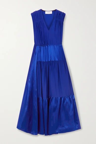 Tiered Silk-charmeuse And Georgette Midi Dress - Blue