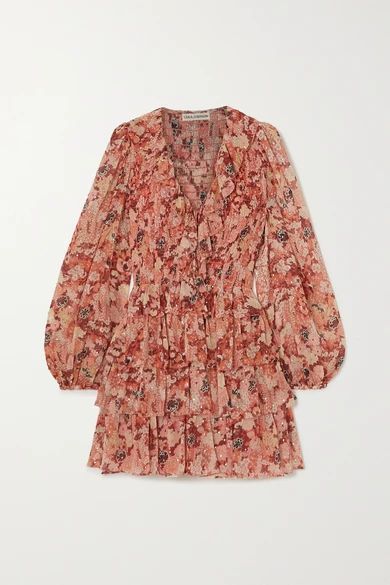 Tamara Tiered Floral-print Silk And Lurex-blend Mini Dress - Coral