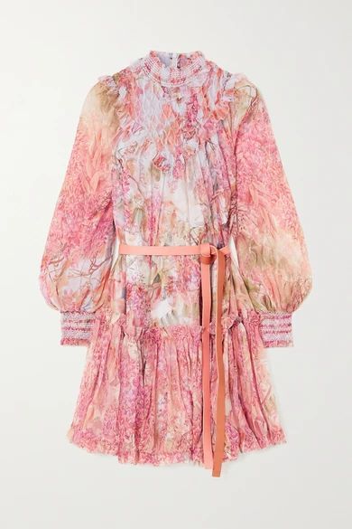 Wild Botanica Smocked Floral-print Silk-crepon Mini Dress - Blush