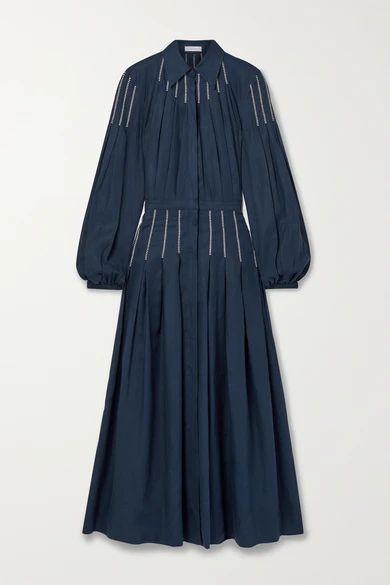 Watkins Embroidered Pleated Linen Midi Shirt Dress - Navy