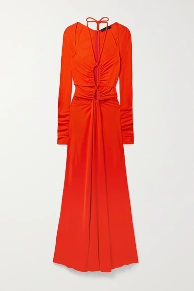 Tie-detailed Cutout Ruched Matte-jersey Maxi Dress - Tomato red
