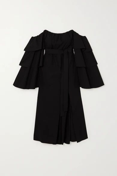 Off-the-shoulder Tiered Stretch-cotton Poplin Dress - Black