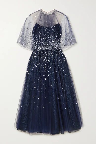 Sequin-embellished Tulle And Silk-blend Lamé Gown - Navy