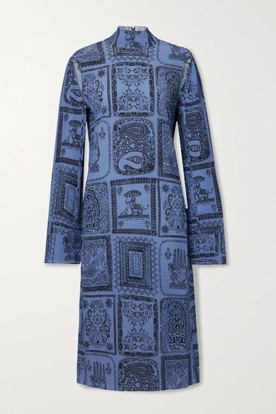 Cutout Printed Crepon Midi Dress - Blue