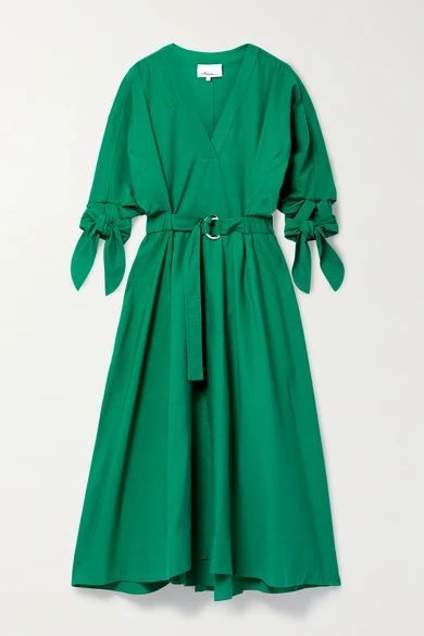 Tie-detailed Belted Cotton-blend Midi Dress - Green