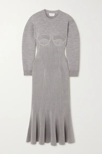 Pleated Paneled Mélange Wool-blend Midi Dress - Gray