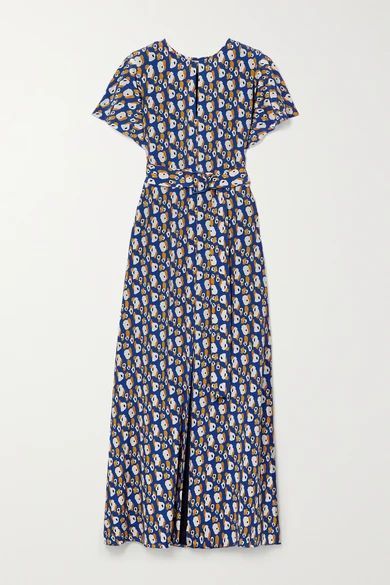 Belted Printed Silk-crepe Maxi Dress - Blue
