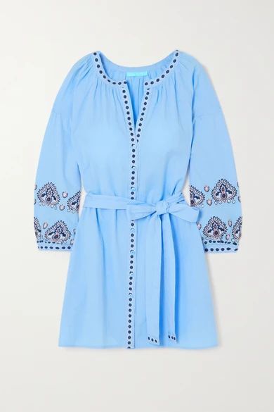 Tania Belted Embroidered Cotton And Linen-blend Kaftan - Light blue